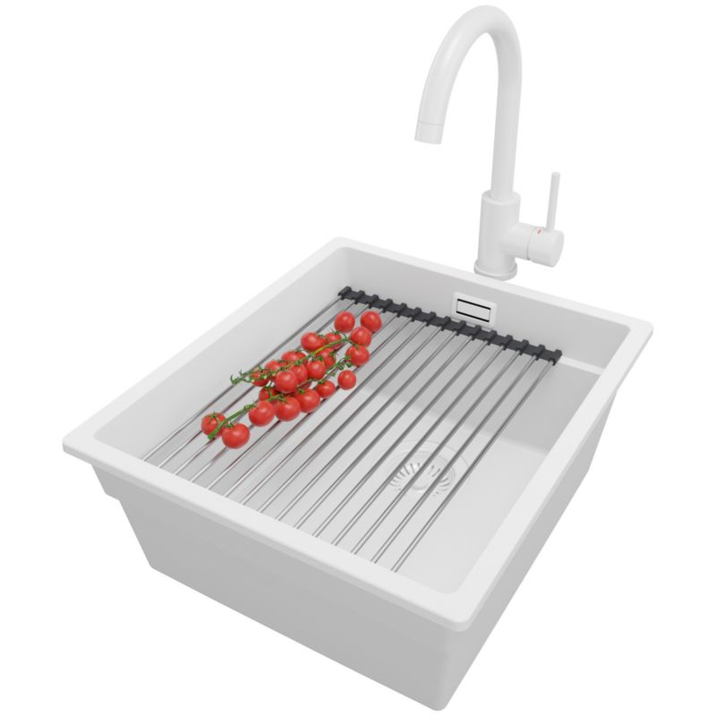 Zlewozmywak Granitowy Praga Slim PRIMAGRAN Nablatowy 41x47cm do szafki od 45cm z Syfonem i Baterią i Dodatkiem Cały Biały 1 szt.