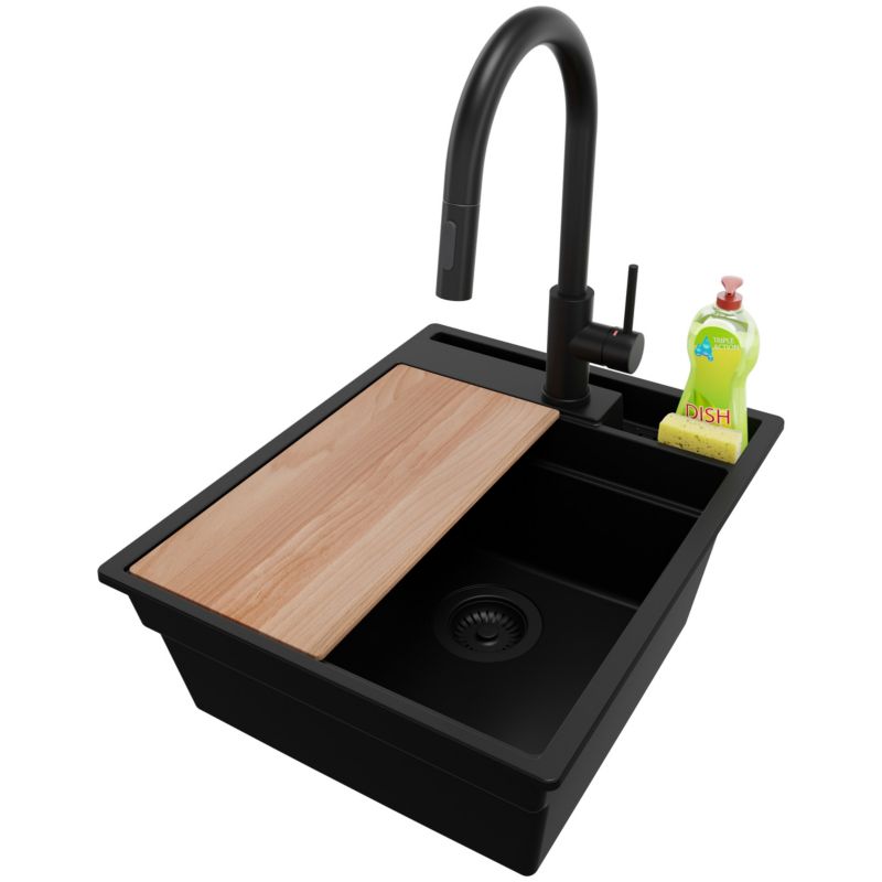 Zlewozmywak Granitowy Oslo Pocket PRIMAGRAN Nablatowy 43x53cm do szafki od 45cm z Syfonem i Baterią i Dodatkiem Cały Czarny 1 szt.