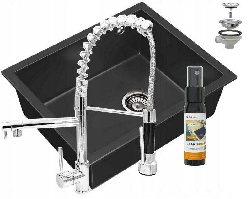 Zlewozmywak granitowy podblatowy Granitan Salix Czarny Bateria Spiral Chrom Syfon Chrom 1 kpt.