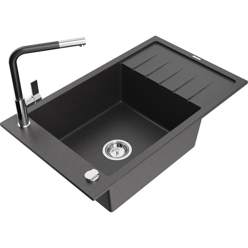 Zlewozmywak granitowy 1-komorowy Mexen Elias z ociekaczem i baterią Flora czarny/srebrny metalik - 6511-73-670401-70-B 1 szt.