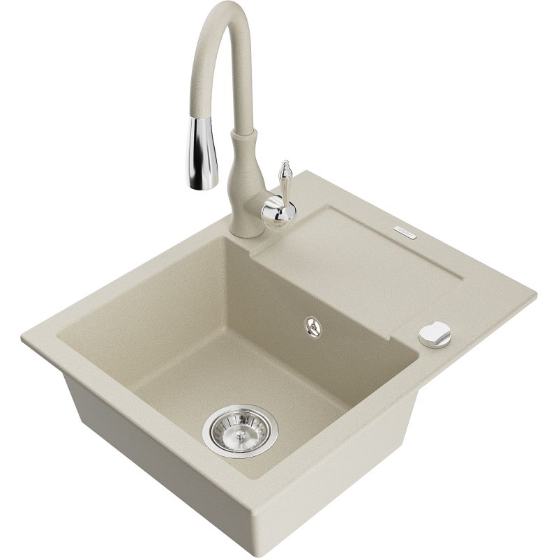 Zlewozmywak granitowy 1-komorowy Mexen Enzo z ociekaczem i baterią kuchenną Savita beżowy - 6506-69-672601-00 1 szt.