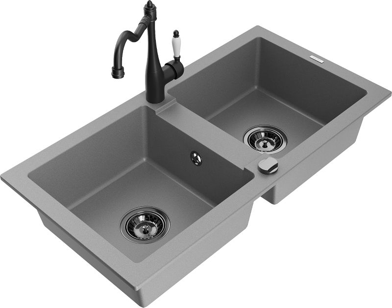 Zlewozmywak granitowy Mexen Mario 2-komorowy z baterią kuchenną Carla szary 6504-71-670700-70-B