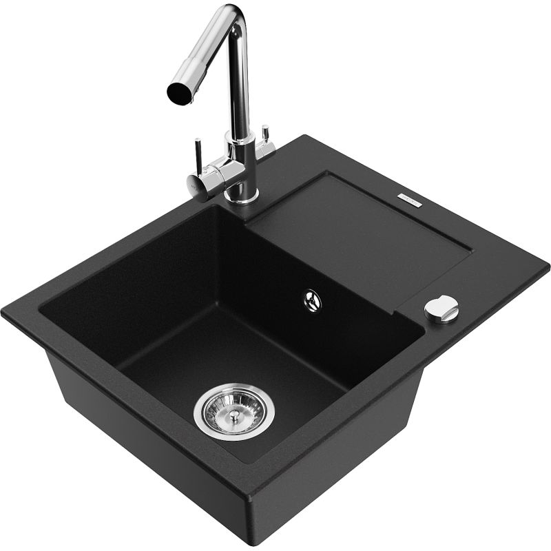 Zlewozmywak granitowy 1-komorowy Mexen Enzo z ociekaczem i baterią kuchenną Duero czarny - 6506-77-671600-70-B 1 szt.