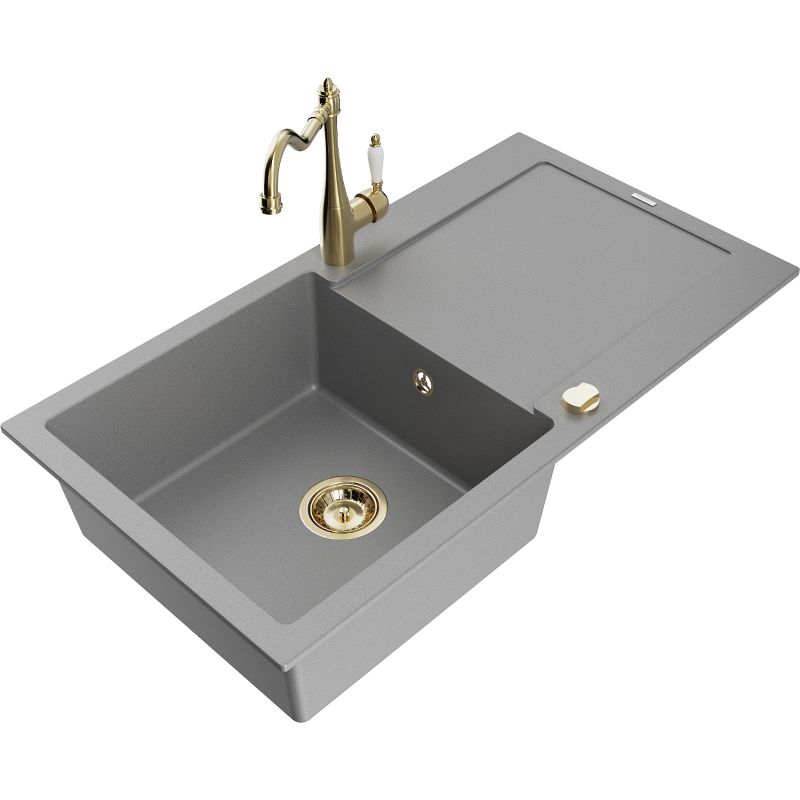 Zlewozmywak granitowy 1-komorowy Mexen Leo z ociekaczem i baterią kuchenną Carla szary 6501-71-670700-50