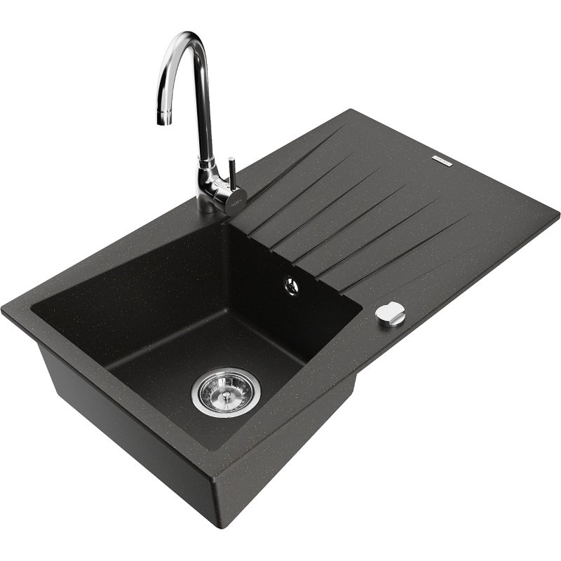 Zlewozmywak granitowy 1-komorowy Mexen Cesar z ociekaczem i baterią kuchenną Telma czarny/złoty 6514-75-670200-00