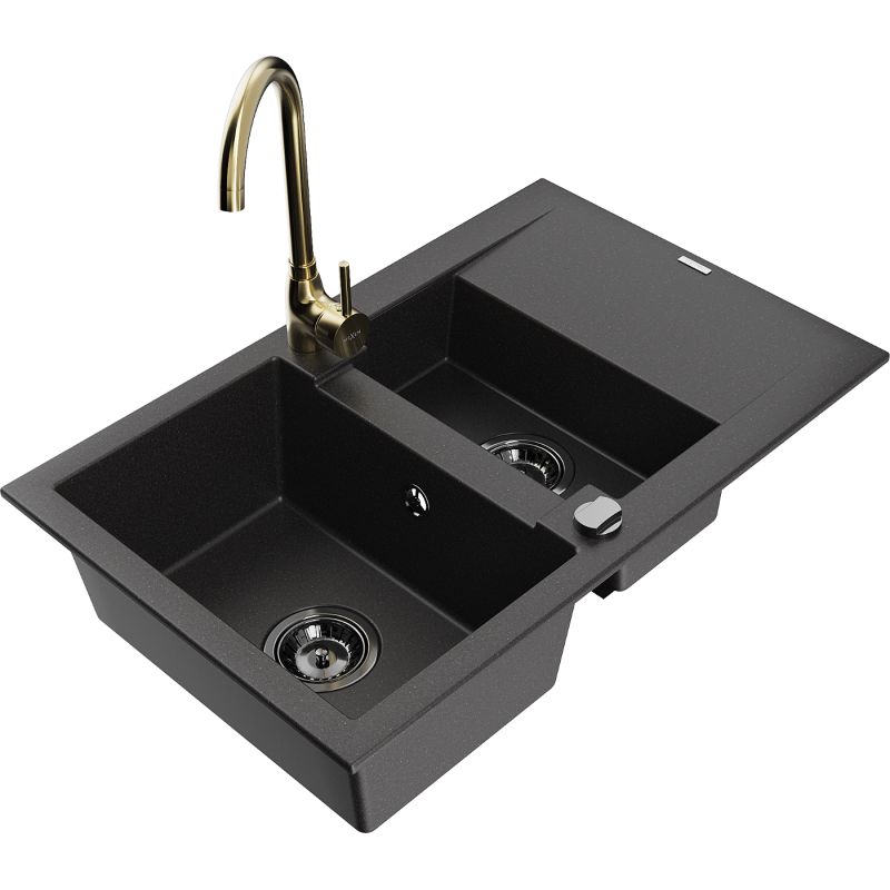 Zlewozmywak granitowy 1.5-komorowy Mexen Gaspar z ociekaczem i baterią kuchenną Telma czarny 6507-77-670200-50-B
