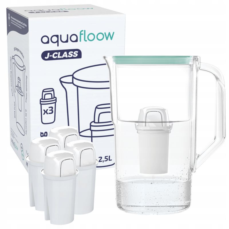 Dzbanek filtrujący wodę, AquaFloow J-CLASS, 2.5l, miętowy + 5x filtr wody, zestaw, 6szt