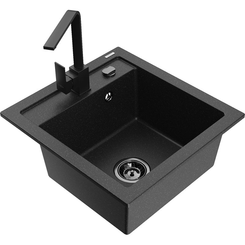 Zlewozmywak granitowy 1-komorowy Mexen Vito z baterią kuchenną Rita czarny/srebrny metalik - 6503-73-670300-70 1 szt.