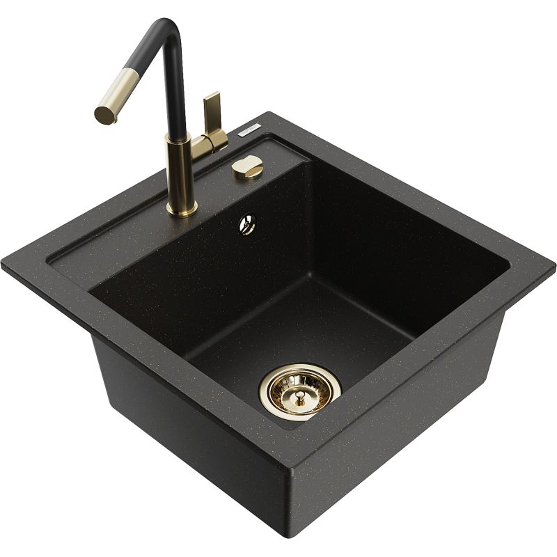 Zlewozmywak granitowy 1-komorowy Mexen Vito z baterią kuchenną Flora czarny/złoty metalik 6503-75-670401-57-G