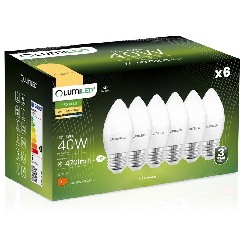 Żarówka LED LUMILED E27 B35 5W 470lm 3000K 180st 6 szt.