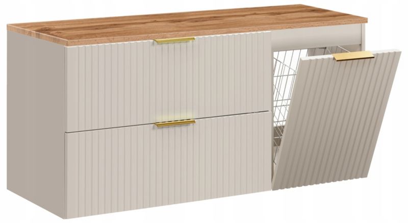 Szafka pod umywalkę Furnidea 120 cm ryflowana z koszem na pranie kaszmirowa z blatem dąb Wotan Adel 1 szt.