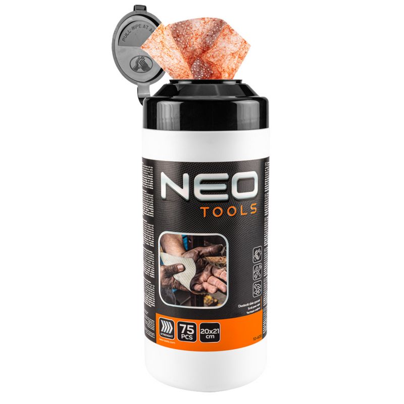 Chusteczki ze ścierniwem NEO TOOLS do mycia rąk oraz czyszczenia powierzchni i narzędzi, słoik 75 szt. 1 kpl.