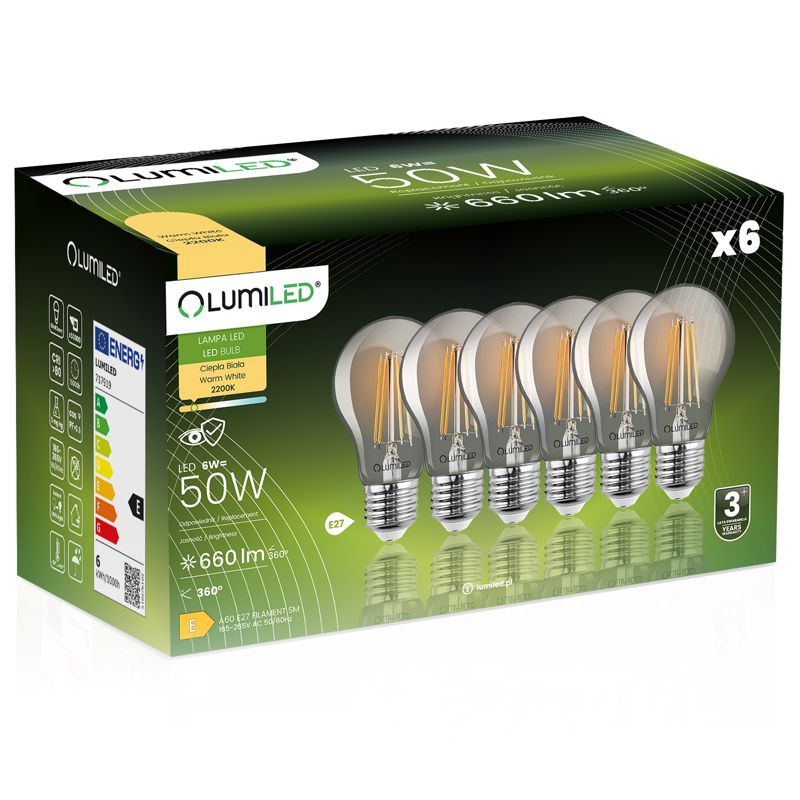 Żarówka LED LUMILED E27 A60 6W 660lm 2200K 360st DYMIONA FILAMENT 6 szt.