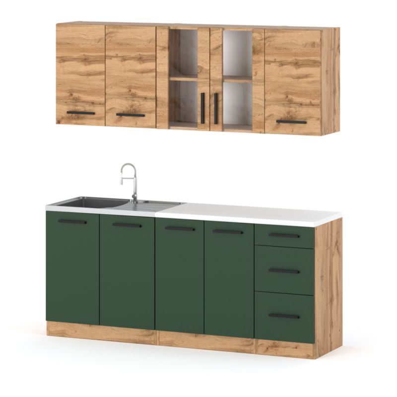 Zestaw Kuchenny Hurtownia-Mebli Z Blatem Kuchnia Rest 200cm Dąb Wotan Dąb Wotan/Butelkowa Zieleń 200x47x145 cm 1szt.