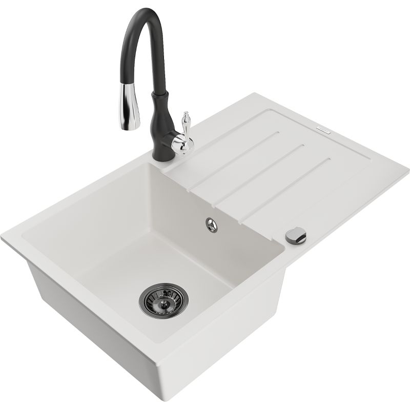 Zlewozmywak granitowy 1-komorowy Mexen Bruno z ociekaczem i baterią kuchenną Savita czarny - 6513-77-672601-00 1 szt.