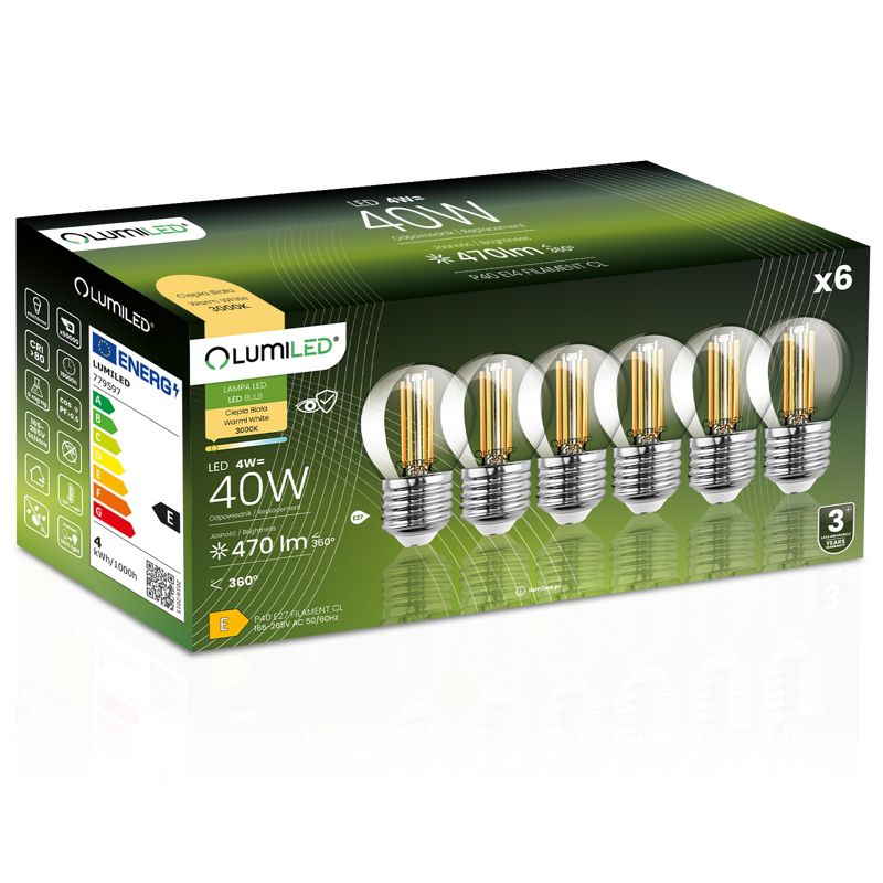 Żarówka LED Lumiled E27 P45 4W 470lm 3000K 360st Filament 6 szt.