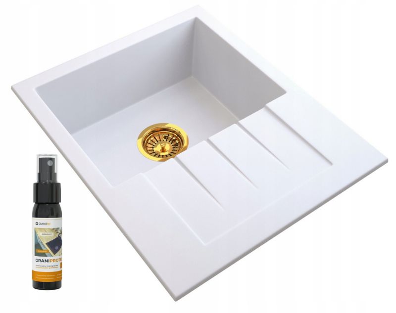 Zlewozmywak Granitowy Granitan Milano Jednokomorowy ze Złotym Syfonem Biały 1kpl.