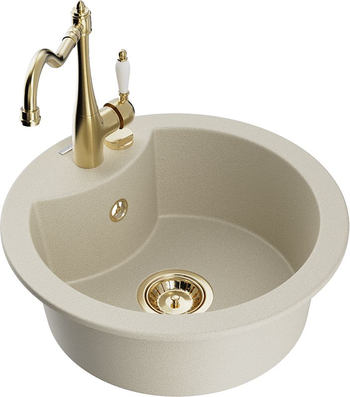 Zlewozmywak granitowy Mexen Diego 1-komorowy z baterią kuchenną Carla beżowy 6512-69-670700-50