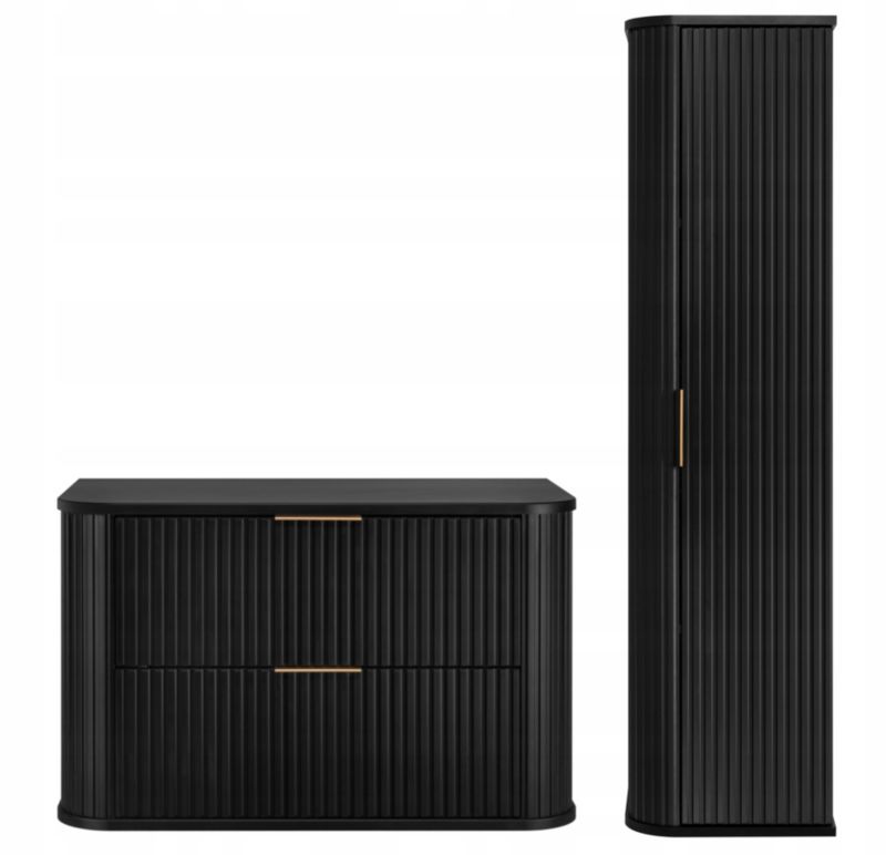 Szafka pod umywalkę i słupek Furnidea 139 cm + 80 cm czarny ryflowany Glamour zestaw