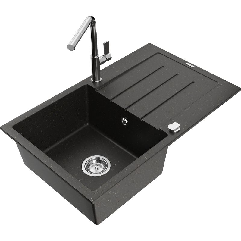 Zlewozmywak granitowy 1-komorowy Mexen Bruno z ociekaczem i baterią kuchenną Flora czarny/złoty metalik 6513-75-670401-00