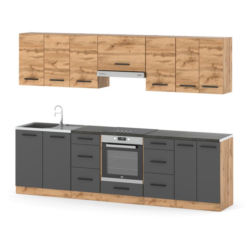 Zestaw Kuchenny Hurtownia-Mebli Z Blatem Kuchnia Roma 280cm Dąb Wotan Dąb Wotan/Szary Mat 280x47x145 cm 1szt.