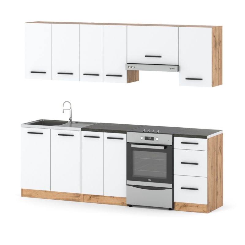 Zestaw Kuchenny Hurtownia-Mebli Z Blatem Kuchnia Mokka 240cm Dąb Wotan Biały Mat 240x47x145 cm 1szt.