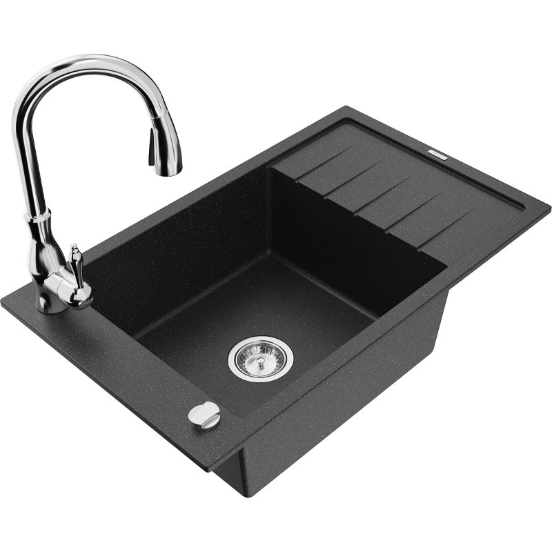 Zlewozmywak granitowy 1-komorowy Mexen Elias z ociekaczem i baterią Savita czarny/srebrny metalik - 6511-73-672601-70 1 szt.