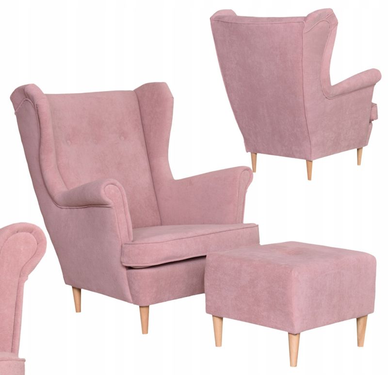 Fotel uszak do salonu z podnóżkiem Family Meble Hunter różowy 1szt
