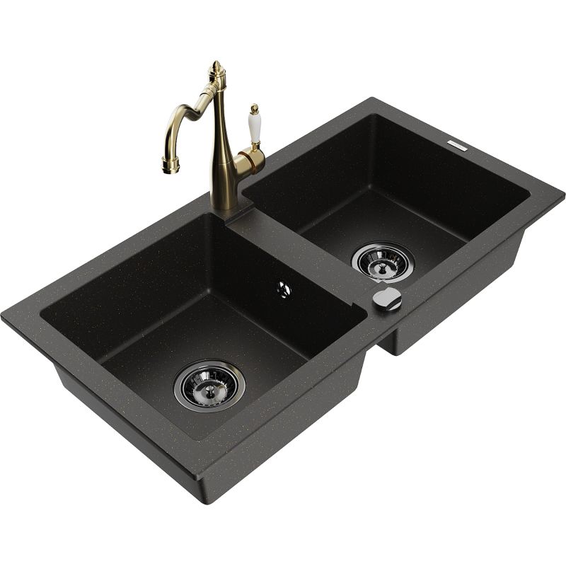 Zlewozmywak granitowy 2-komorowy Mexen Mario z baterią kuchenną Carla czarny/złoty metalik 6504-75-670700-50-B