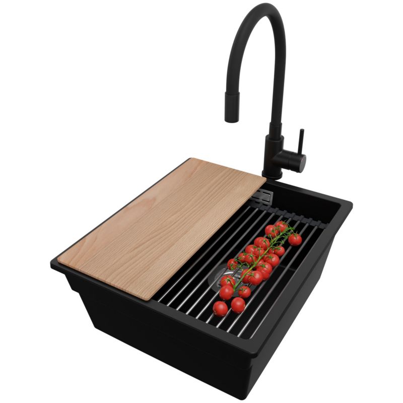 Zlewozmywak Granitowy Praga Slim PRIMAGRAN Nablatowy 41x47cm do szafki od 45cm z Syfonem i Baterią i Dodatkiem Czarny 1 szt.