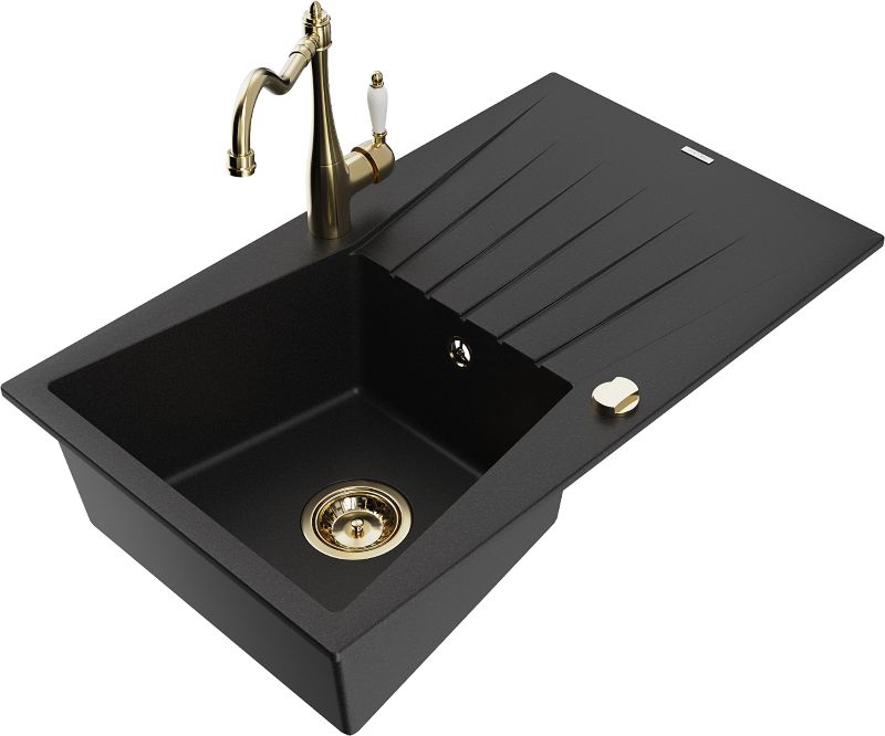 Zlewozmywak granitowy Mexen Cesar 1-komorowy z ociekaczem i baterią kuchenną Carla czarny - 6514-77-670700-00 1 szt.