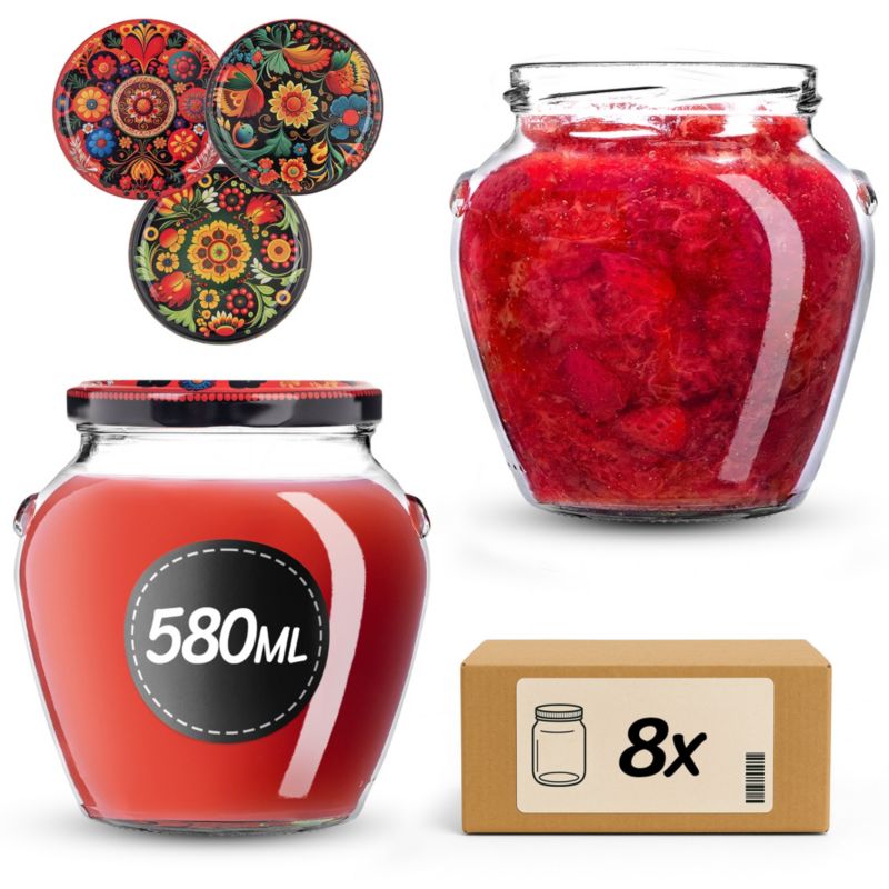 Słoiki na przetwory 580ml + wieczka "Haft z kwiatami" 82mm 8szt.