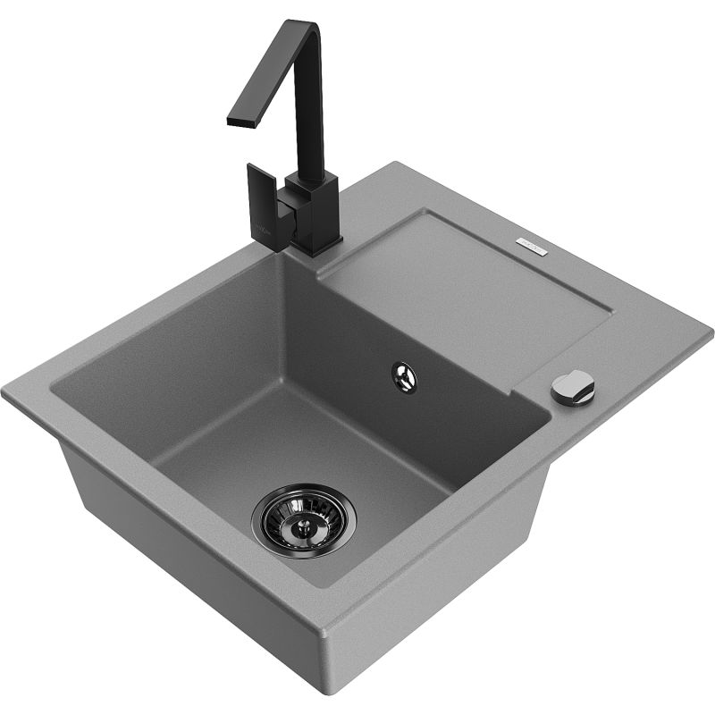 Zlewozmywak granitowy 1-komorowy Mexen Enzo z ociekaczem i baterią kuchenną Rita szary - 6506-71-670300-71 1 szt.