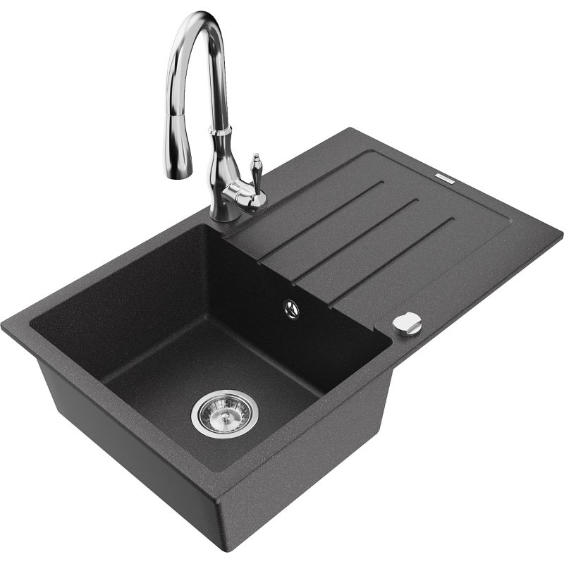 Zlewozmywak granitowy 1-komorowy Mexen Bruno z ociekaczem i baterią kuchenną Savita czarny nakrapiany - 6513-76-672601-76 1 szt.