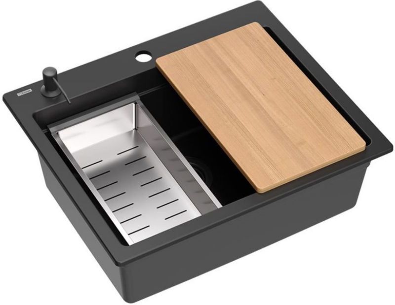 Zlewozmywak granitowy Quadron Kurt 110, 59,5x50 cm, 1-komorowy, czarny, z akcesoriami, 1 szt.