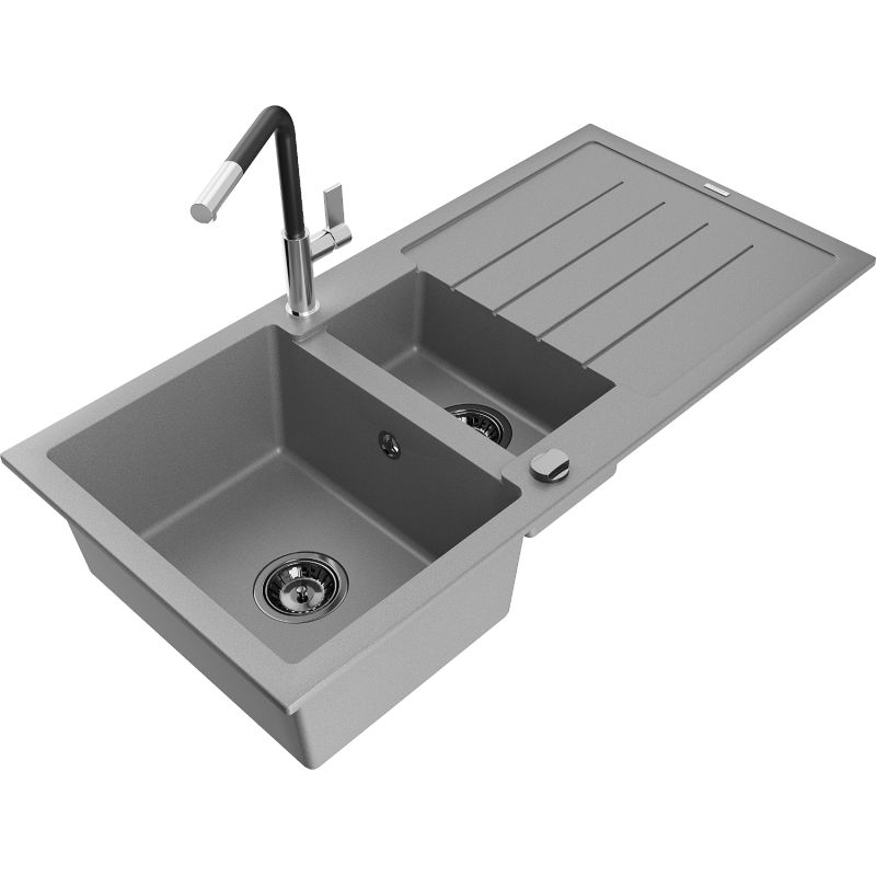 Zlewozmywak granitowy 1.5-komorowy Mexen Andres z ociekaczem i baterią kuchenną Flora szary 6515-71-670401-07-B