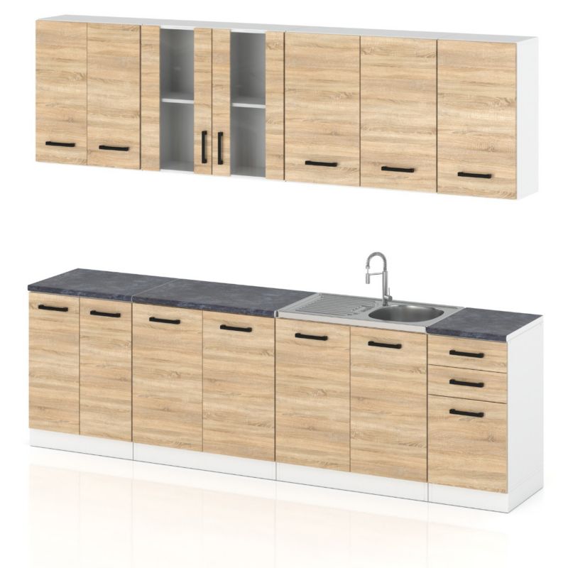 Zestaw Kuchenny Hurtownia-Mebli Z Blatem Kuchnia Jowita 260cm Biały Mat Dąb Sonoma 260x47x145 cm 1szt.