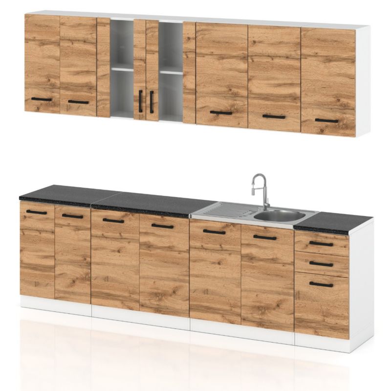 Zestaw Kuchenny Hurtownia-Mebli Z Blatem Kuchnia Jowita 260cm Biały Mat Dąb Wotan 260x47x145 cm 1szt.