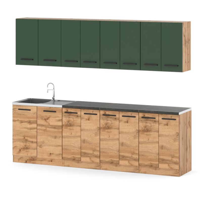 Zestaw Kuchenny Hurtownia-Mebli Z Blatem Kuchnia Vero 260cm Dąb Wotan Butelkowa Zieleń/Dąb Wotan 260x47x145 cm 1szt.