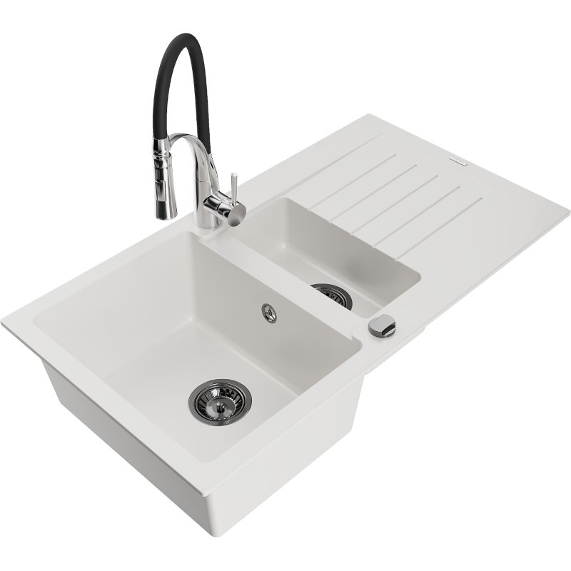 Zlewozmywak granitowy 1.5-komorowy Mexen Matias z ociekaczem i baterią kuchenną Aster biały 6502-20-73450-07-B