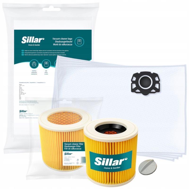 Worki do odkurzacza, Sillar, syntetyczne, 4szt + filtr, wzmocniony, 1szt, zamienniki, do odkurzacza Karcher WD1 WD2 WD3 KWD, 5szt