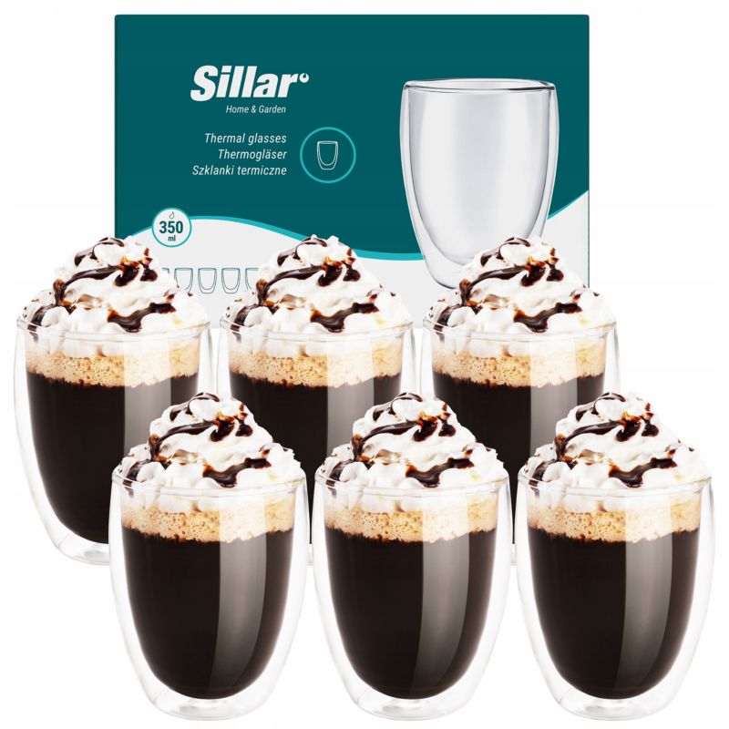 Szklanki termiczne, Sillar, do kawy, herbaty, napojów, z podwójnym dnem, szkło borokrzemowe, 350ml, 6szt