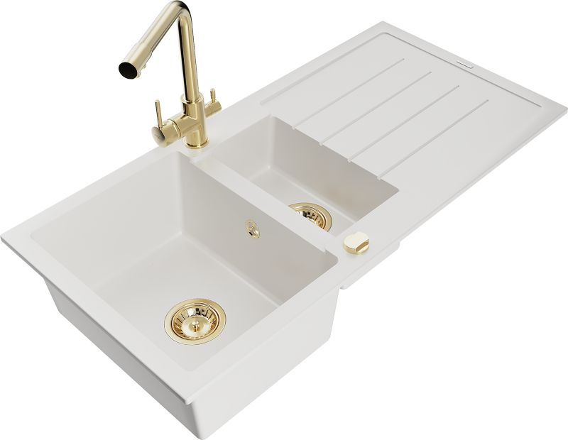 Zlewozmywak granitowy Mexen Andres 1,5-komorowy z ociekaczem i baterią kuchenną Duero biały 6515-20-671600-50