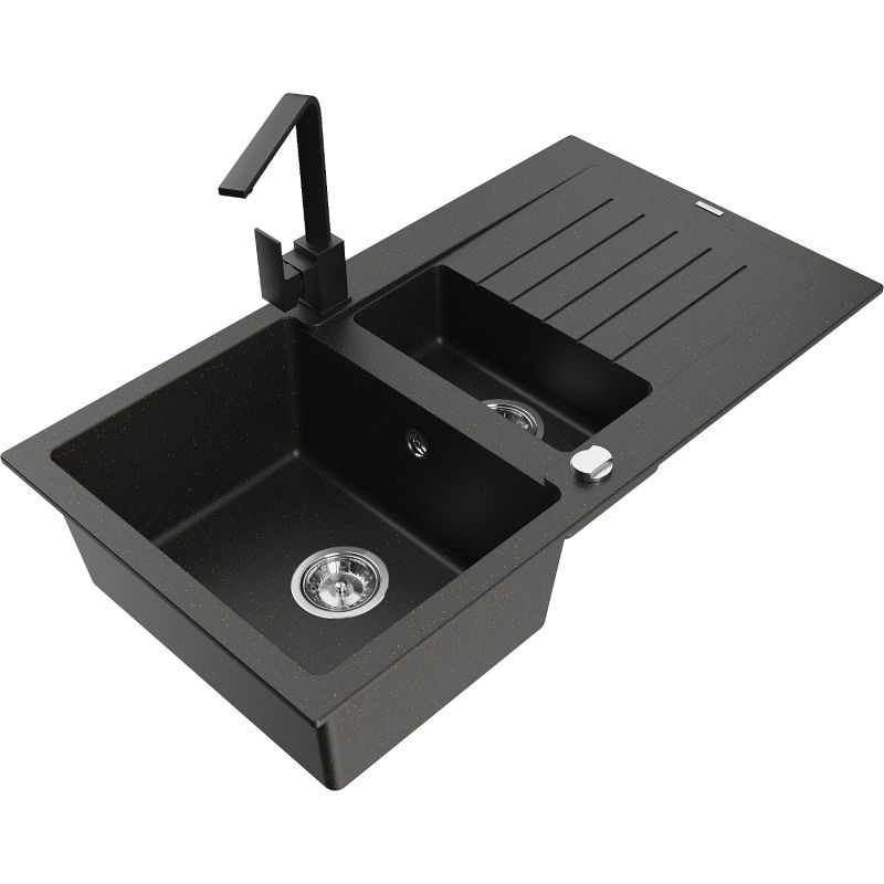 Zlewozmywak granitowy 1.5-komorowy Mexen Matias z ociekaczem i baterią kuchenną Rita czarny/złoty - 6502-75-670300-50-B 1 szt.