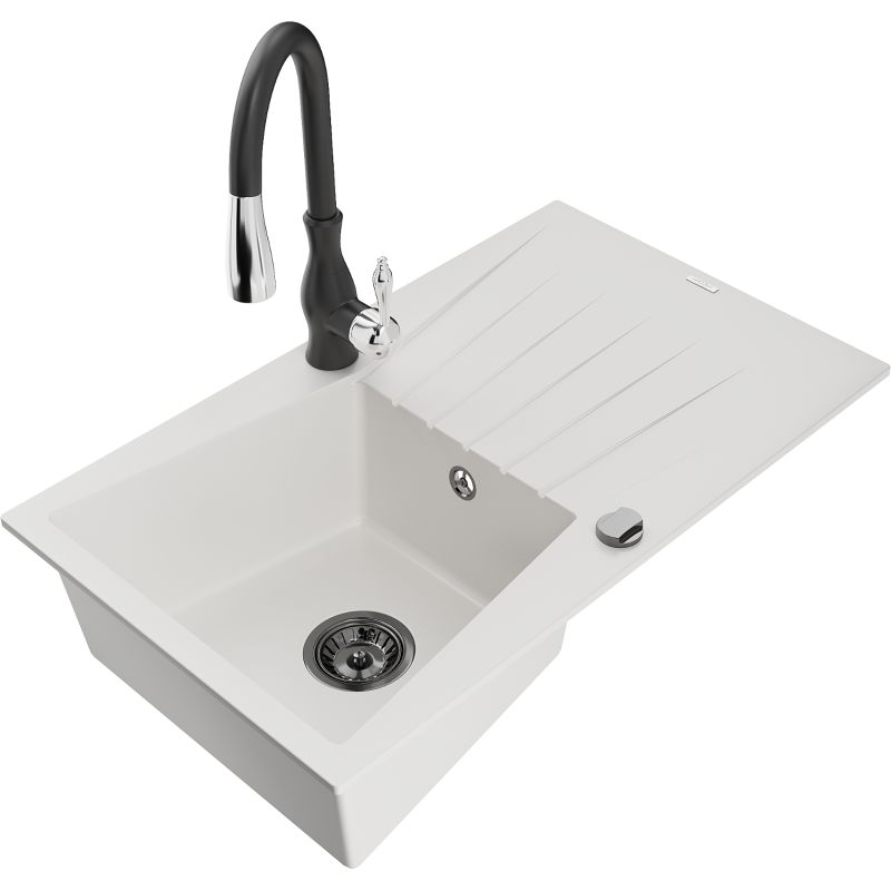 Zlewozmywak granitowy 1-komorowy Mexen Cesar z ociekaczem i baterią kuchenną Savita czarny nakrapiany - 6514-76-672601-00 1 szt.