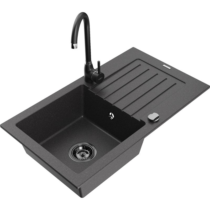 Zlewozmywak granitowy 1-komorowy Mexen Pablo z ociekaczem i baterią kuchenną Telma czarny nakrapiany 6510-76-670200-70-B