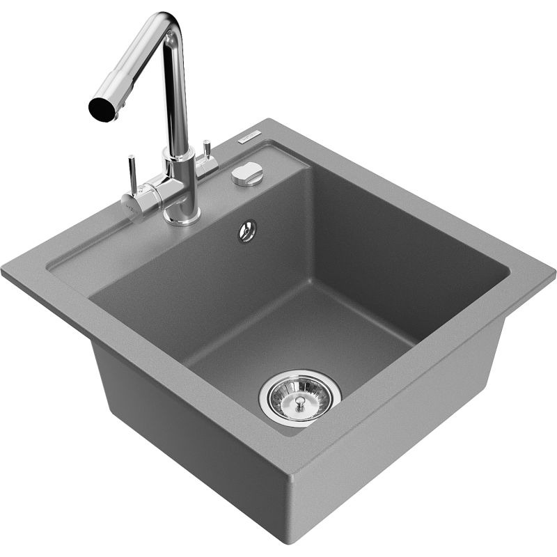 Zlewozmywak granitowy 1-komorowy Mexen Vito z baterią kuchenną Duero szary 6503-71-671600-00