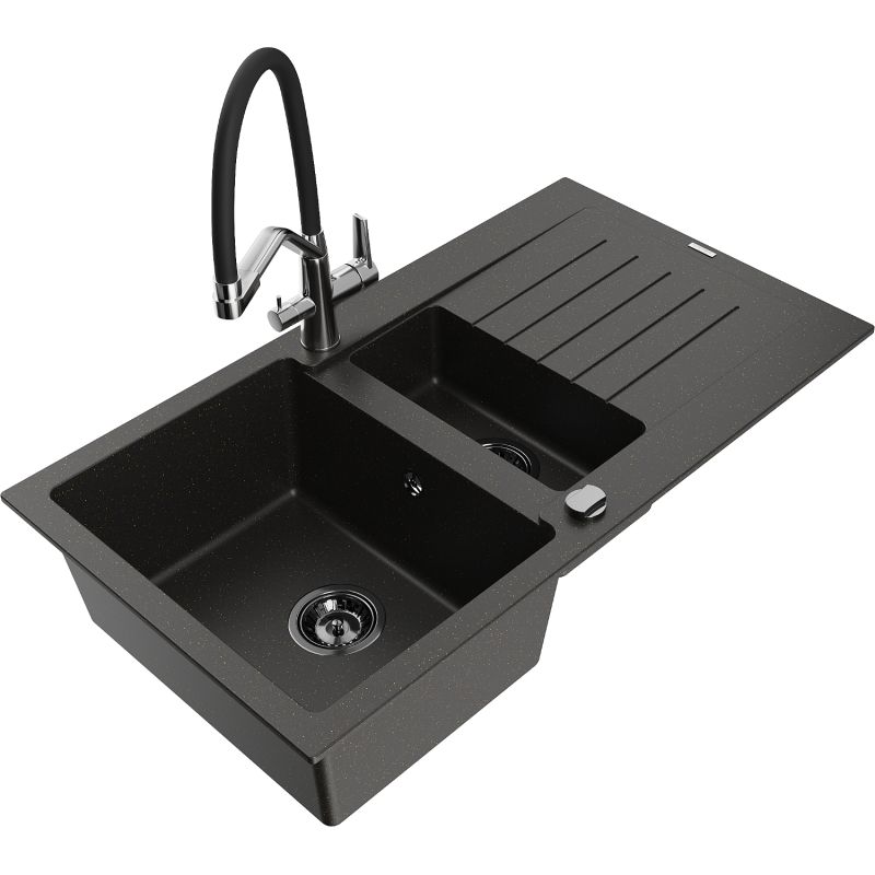 Zlewozmywak granitowy 1.5-komorowy Mexen Matias z ociekaczem i baterią kuchenną Duo czarny/złoty metalik 6502-75-671701-07-B