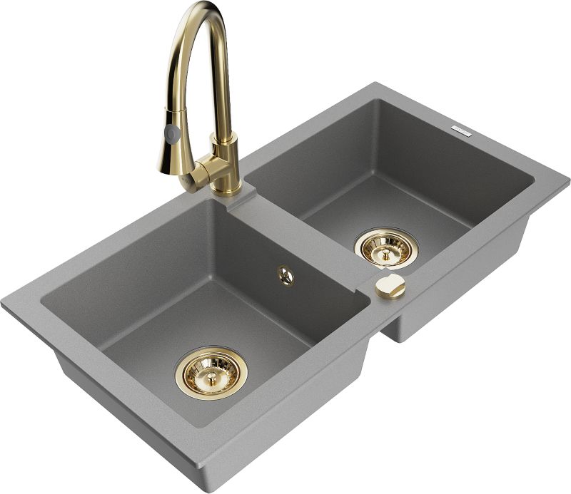 Zlewozmywak granitowy Mexen Mario 2-komorowy z baterią kuchenną Elia szary 6504-71-670101-50