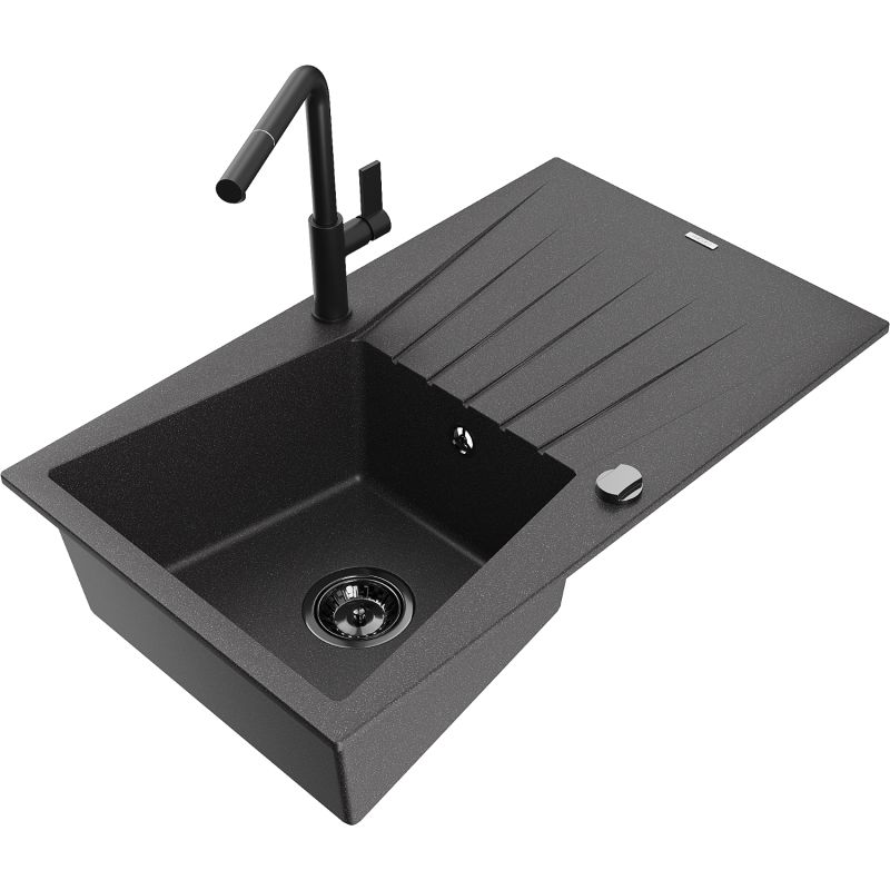 Zlewozmywak granitowy 1-komorowy Mexen Cesar z ociekaczem i baterią kuchenną Flora czarny nakrapiany 6514-76-670401-70-B